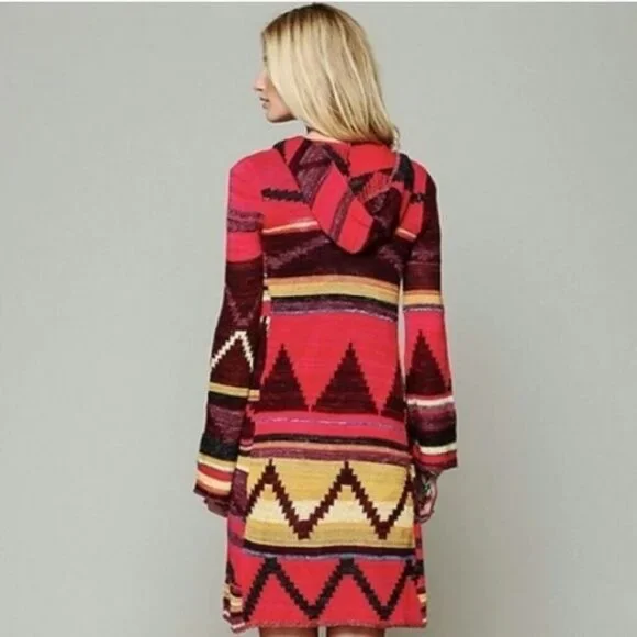 Free People Hooded Long Multicolor Cardigan | Boho Coastal Cowgirl Tribal Indie - Picture 7 of 16